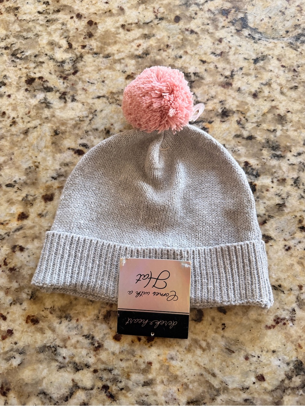 Derek Heart Gray Knit Kids Beanie with Pink Pom